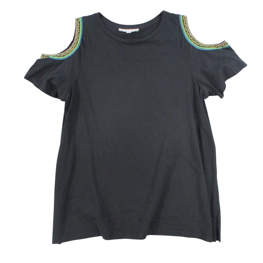 Loft Womens XL Black Cold Shoulder Top Embroidered‎ Trim Cotton Modal 460950